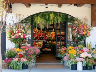 Retail storefront decorated for Mother's Day, with special offers and vibrant floral arrangements