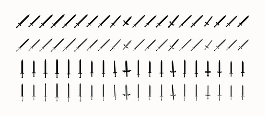 Big set of  Sword and blade silhouette icon set featuring various medieval and fantasy weapons in black vector style