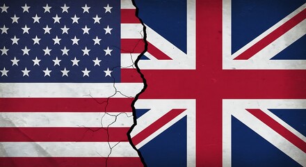 United states and united kingdom flags divided by a crack down the middle of the image view