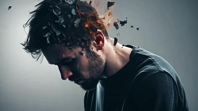 Mental health struggle visualized through graphic representation of mind fragmenting, depicting psychological distress and overwhelming emotional pressure affecting human inner experience
