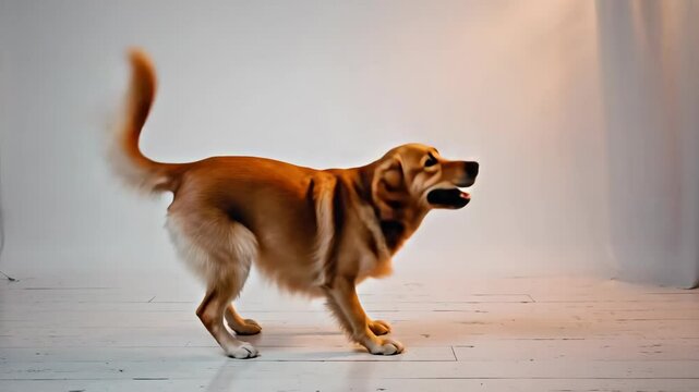 Energetic golden retriever dog stands alert on a white studio floor, wagging tail enthusiastically, poised and ready for action, looking towards its right.