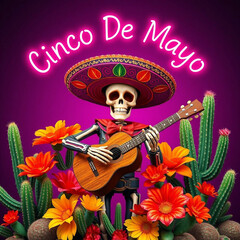 Cinco de Mayo Skeleton Playing Guitar Amidst Festive Decorations