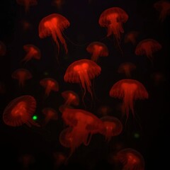Naklejka premium Crimson Jellyfish Swarm: A Dark Aquatic Ballet