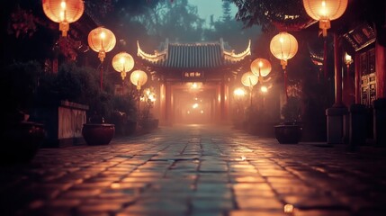 Misty Asian Pathway at Night
