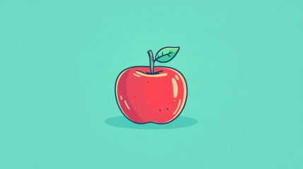 Cartoon-style illustration of a red apple with a leaf on a bright teal background.
