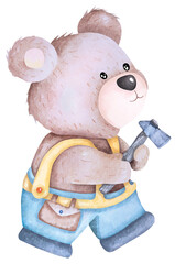 Cartoon bear technician.Hand drawn with watercolor.Teddy bear.Cute animal character holding a hammer.