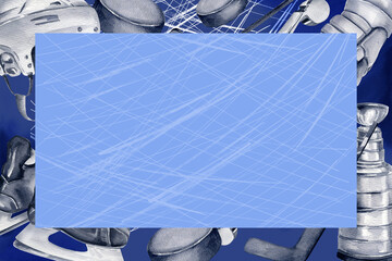 blue frame of ice sport theme, watercolor skates, helmet, stick, puck gloves, referee's whistle, hockey cup on watercolor blue splash, hand drawn sketch, illustration of hockey equipment, template © TATIANA