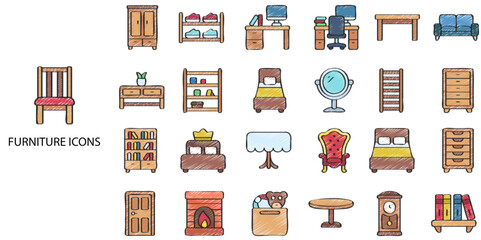 Furniture simple concept 24 color icons set. Contains such furniture, bed, wood - material, sofa. Vector illustration.