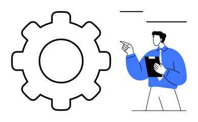 Gear symbol alongside a man in business attire pointing, holding a clipboard. Ideal for teamwork, strategy, planning, leadership, productivity, operations collaboration. Flat simple metaphor