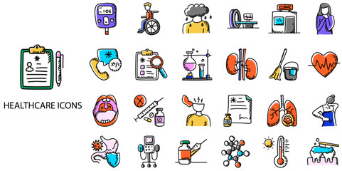 Healthcare simple concept 24 hand drawn color icons set. Contains such health care, icon, doctor, health, care, hospital .Vector illustration.