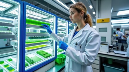 Fototapeta premium A scientist in a lab coat examines algae samples in a high-tech laboratory, showcasing advanced research in biotechnology.