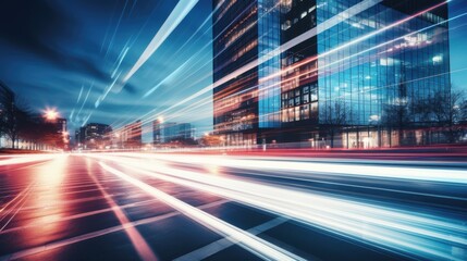 Light trails on the modern building background. Light trails at night in urban environment, Abstract Motion Blur City, traffic, transportation, street, road, speed.