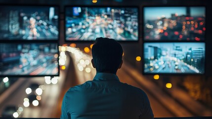Night City Surveillance Security Operator Monitoring Multiple Screens Traffic Control Center Cityscape View Urban Nightlife Technology Business Professional Man Back View Security System Digital      