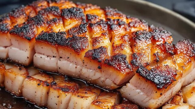 Close-up of crispy pork belly cubes displaying deeply browned, caramelized skin and succulent layers, enhancing visual appeal and savory culinary essence.
