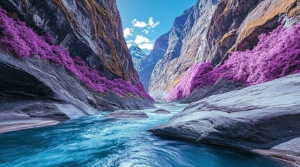 Vibrant canyon river valley,  mountainous landscape,  colored trees.  Possible use Stock photo for travel, nature, tourism, or wallpaper