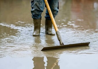 Worker smoothing wet concrete floor