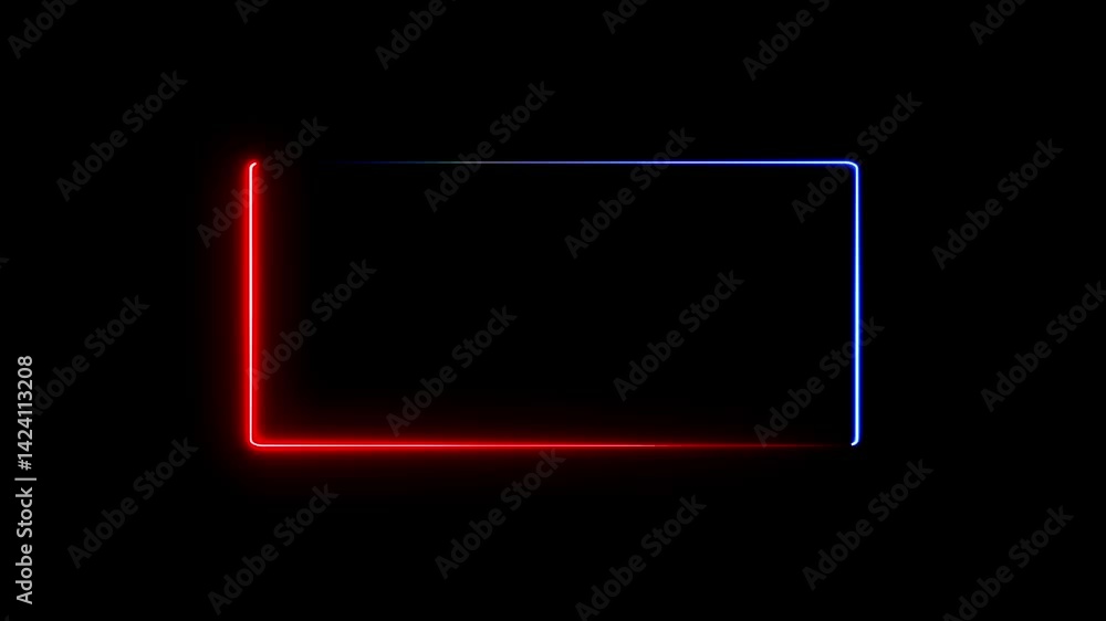 Poster a glowing neon sign, a vibrant light display on a black screen, features a blank rectangular frame f