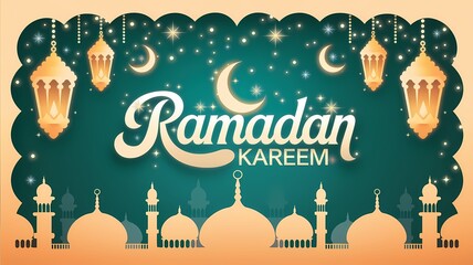Naklejka premium Festive vibrant Ramadan design featuring glowing lanterns crescent moons sparkling stars mosque silhouettes on rich teal background with elegant white Ramadan Kareem typography celebrating holy month