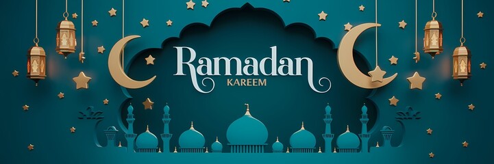 Festive vibrant Ramadan design featuring glowing lanterns crescent moons sparkling stars mosque silhouettes on rich teal background with elegant white Ramadan Kareem typography celebrating holy month