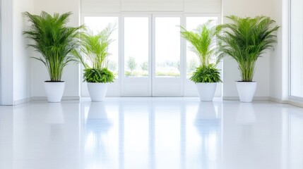 Palm Plants in White Pots Minimalist Bright Lighting, Symmetrical Floor View, Glossy Surfaces, Interior Design Concept, Bright airy mood, Perfect for Real Estate Ads
