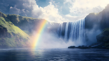 Fototapeta premium Rainbow waterfall landscapes gentle concept. majestic waterfall cascading with mist under a cloudy sky and faint rainbow. Faint Current. Illustration