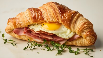Ham and Egg Croissant: A classic breakfast staple, perfectly prepared and presented, featuring a flaky croissant filled with savory ham and a perfectly cooked egg.