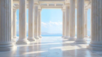 Fototapeta premium Majestic colonnaded hall overlooking the sea. Vast, light-filled space with white columns, marble floor, and a breathtaking ocean view