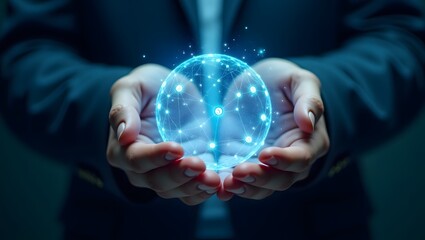Businessman Holding a Transparent Glowing Sphere with Digital Network Nodes and Connections