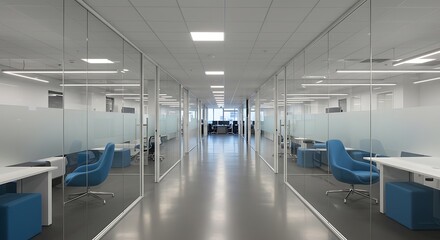 Obraz premium A long hallway with glass walls and blue chairs in an office space with white desks and ceilings