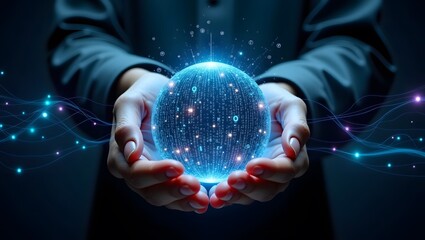 Businessman Holding a Bright Digital Sphere Encoded with Binary Data and Flowing Light Streams
