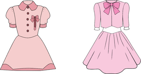 Illustrations of two stylish pink dresses, each adorned with delicate bows and design details, showcasing elegant and timeless fashion suitable for various occasions.