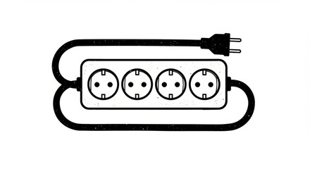 Four-Outlet Power Strip with Cord, Minimalist Black and White Illustration.