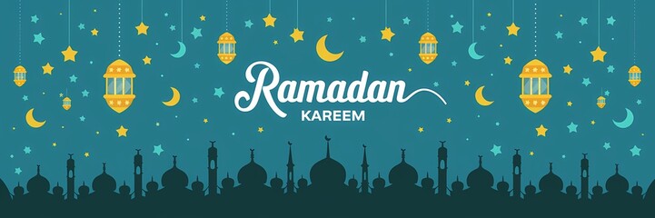 Festive vibrant Ramadan design featuring glowing lanterns crescent moons sparkling stars mosque silhouettes on rich teal background with elegant white Ramadan Kareem typography celebrating holy month