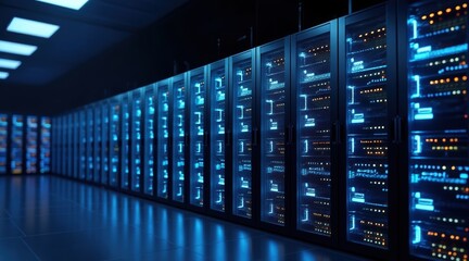 A high-tech server room with rows of illuminated servers, showcasing advanced data storage and processing capabilities in a dark environment.
