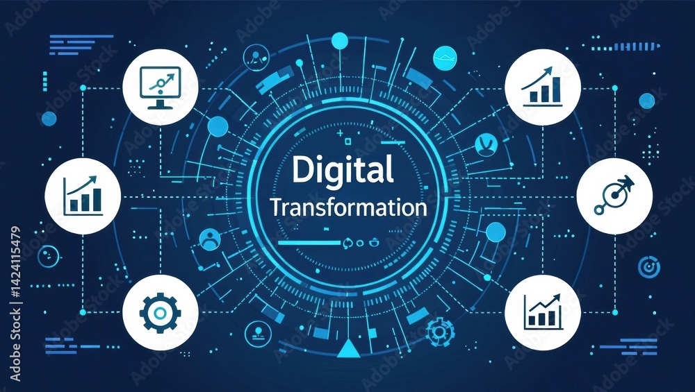 Poster a digital illustration showcasing the concept of digital transformation with graphs and icons repres