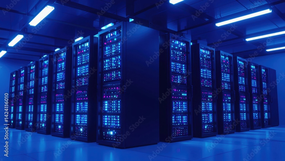 Poster a futuristic data center filled with rows of illuminated servers, highlighting advanced technology a