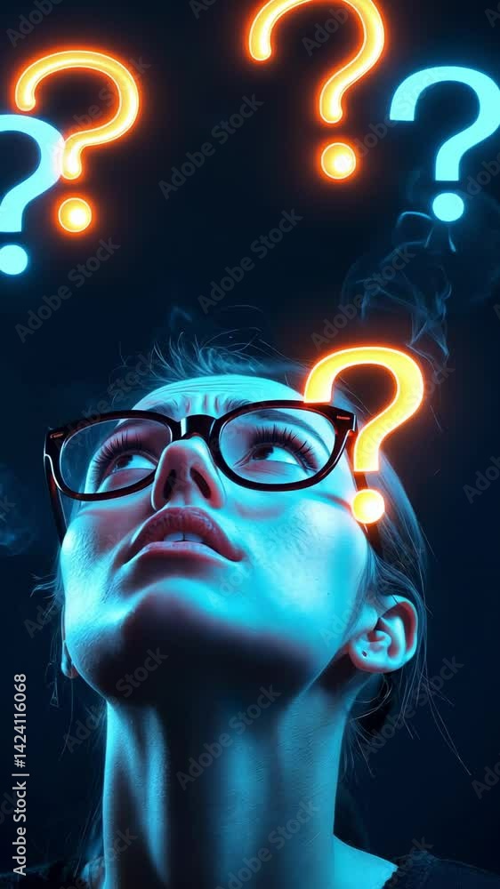 Aufkleber multiple images show a young woman with glasses looking up with a confused expression at orange and 