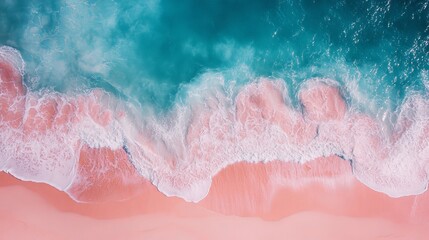 Obraz premium Aerial View Pink Sand Beach Turquoise Ocean Waves Summer Vacation Tropical Paradise Coastal Scene Relaxing Serenity Beautiful Nature Background Image Peaceful Idyllic Seascape Stunning Ocean View 