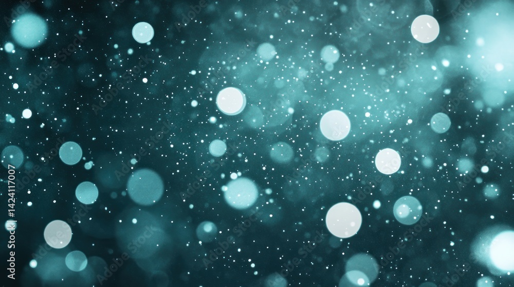 Poster Teal bokeh background with scattered light particles.