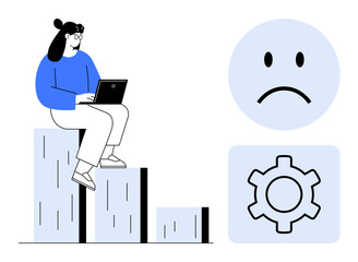 Woman using a laptop on bar graph, highlighting productivity challenge and automation with sad face and gear icon. Ideal for workplace stress, technology use, workflow optimization, personal growth