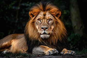 Fototapeta premium A majestic lion lying down with its mane flowing, looking out with regal eyes