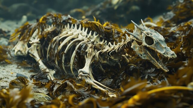A decomposed animal skeleton amongst seaweed, revealing a prehistoric marine creature. - Powered by Adobe