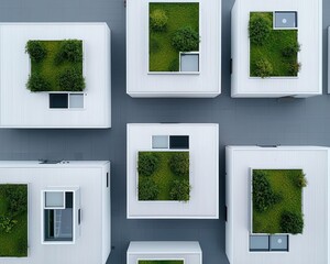 Multiresidential complex with brushed stainless steel exterior, geometric layering, and green rooftop terraces
