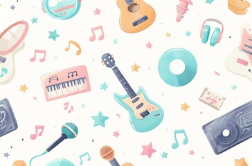 A seamless pattern filled with doodles of musical notes, sheet music, and various instruments, including guitars, violins, and drums, arranged in a harmonious composition, vibrant colors,