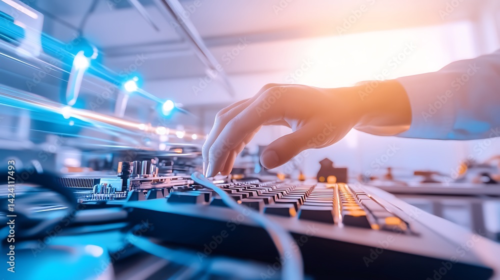 Poster technologists hand precisely assembling circuit board futuristic tech lab innovation hightech develo