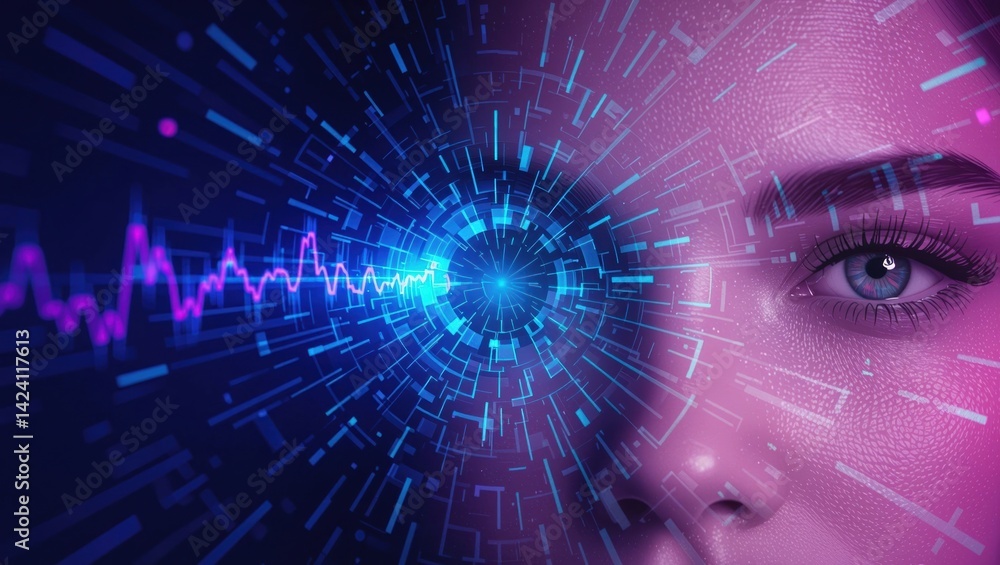 Poster a vibrant digital representation blending a close-up of a face with abstract tech elements, symboliz