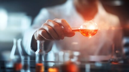 Scientists Hand Holding Glowing Orange Liquid in Flask Laboratory Research Scientific Discovery Chemical Experiment Innovation