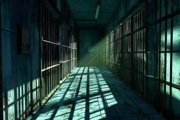 A dimly lit, prison corridor with barred cells.