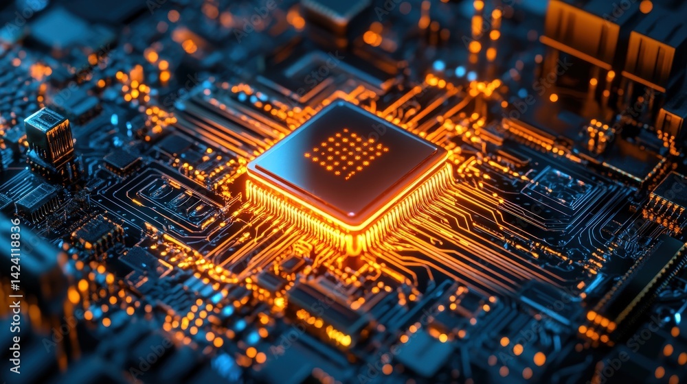 Poster detailed image showing a brightly lit computer circuit board system