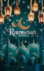 Festive vibrant Ramadan design featuring glowing lanterns crescent moons sparkling stars mosque silhouettes on rich teal background with elegant white Ramadan Kareem typography celebrating holy month